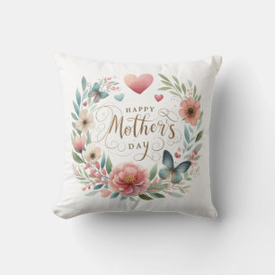 Floral Wreath with a Butterfly Happy Mother's Day  Throw Pillow