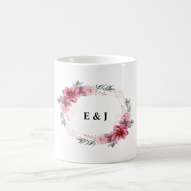 Floral Wreath with Bride & Groom Initials Inside Coffee Mug (Center)