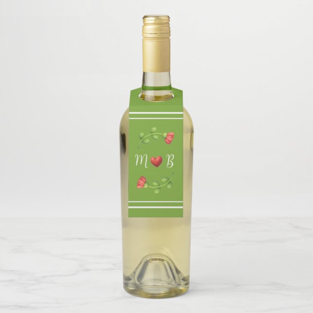 Floral Wreath with Heart Initials Design Bottle Tag (On Bottle)