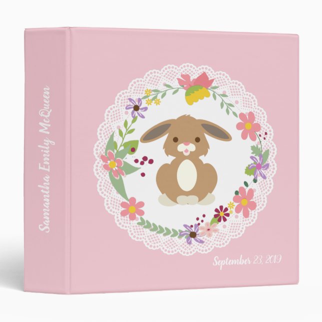 Floral Wreath with Rabbit Pink Baby Album Binder (Front/Spine)