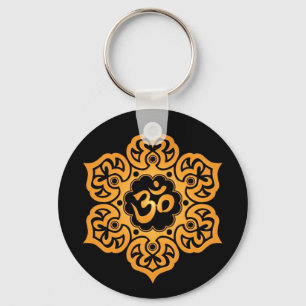Floral Yellow and Black Aum Design Keychain