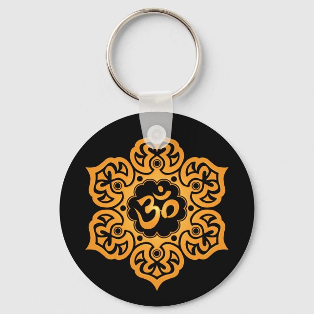 Floral Yellow and Black Aum Design Keychain (Front)