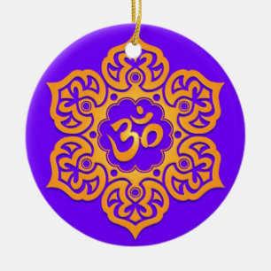 Floral Yellow and Blue Aum Design Ceramic Ornament