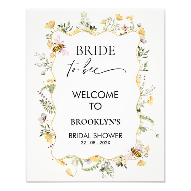 Floral Yellow Bee Bridal Shower Welcome Sign (Front)