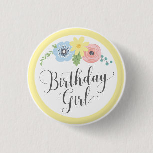 Floral Yellow Birthday Girl Baby & Kids Party 1 Inch Round Button