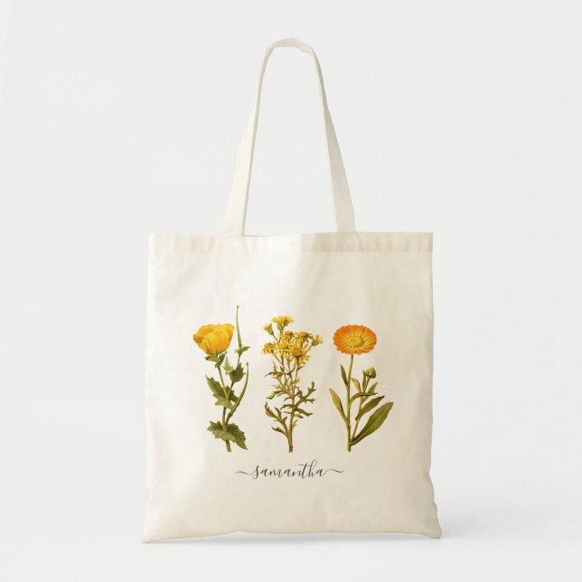 Floral Yellow Botanical Vintage Personalized Tote Bag (Front)