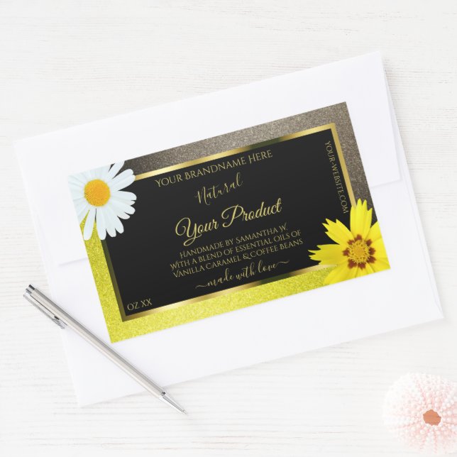 Floral Yellow Brown Glitter Black Product Labels (Envelope)
