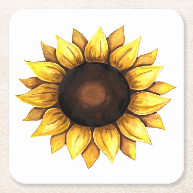Floral Yellow Flower Watercolor Sunflower Square Paper Coaster (Front)