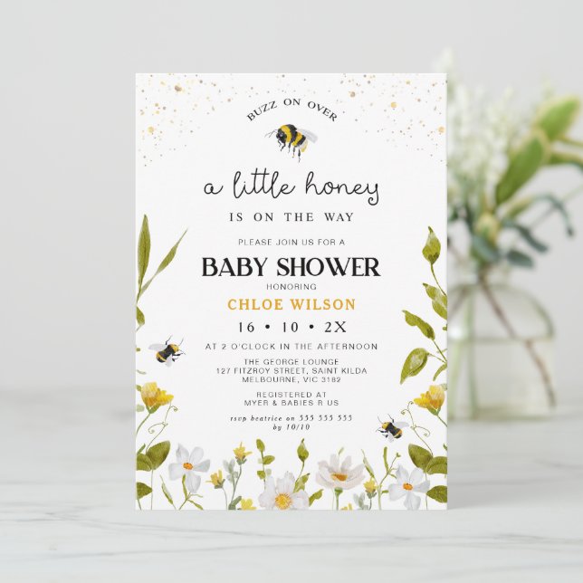 Floral Yellow Gender Neutral Honey Bee Baby Shower Invitation (Standing Front)