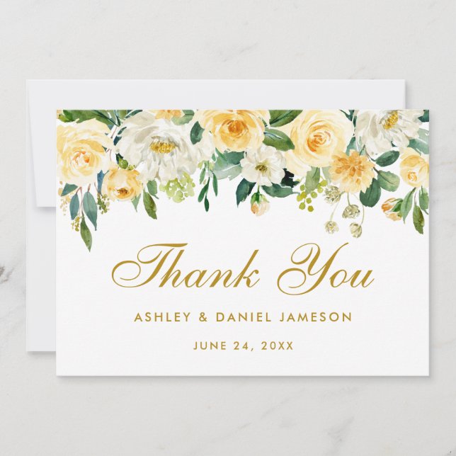 Floral Yellow Gold Wedding Thank You Card (Front)