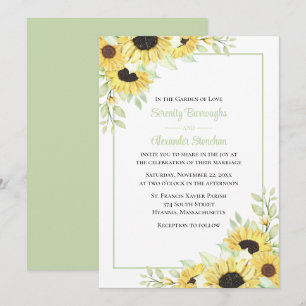 Floral Yellow Green Watercolor Sunflowers Wedding Invitation