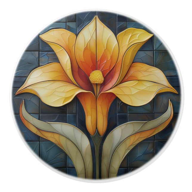 Floral Yellow Lily Art Deco  Ceramic Knob (Front)