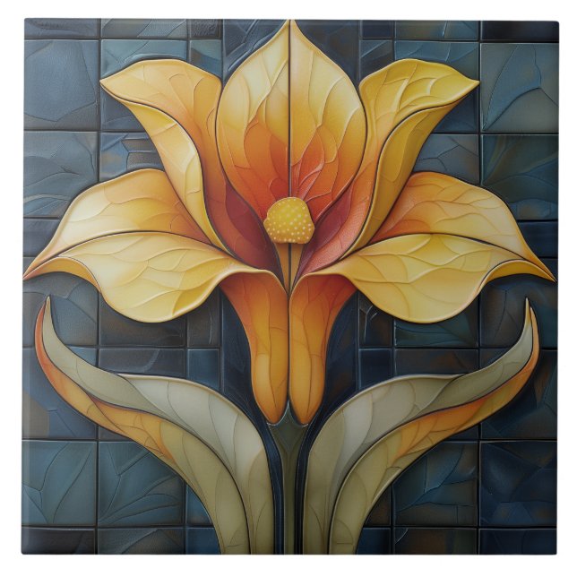 Floral Yellow Lily Art Deco  Tile (Front)