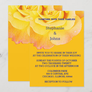 Floral Yellow Orange Rose Navy Blue Boho Wedding Invitation