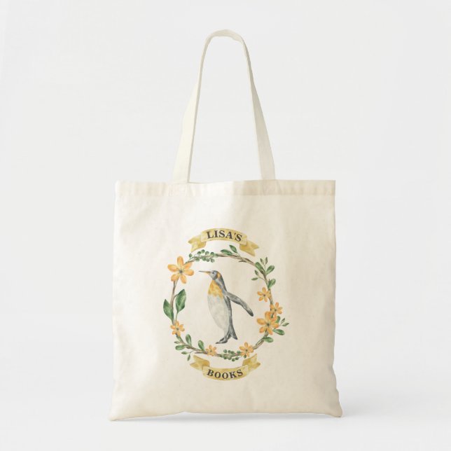 Floral Yellow Penguin Personalized Library Bag (Front)