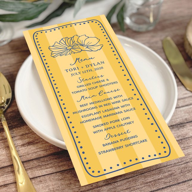Floral Yellow Stripe Blue Botanical Wedding Menu (Creator Uploaded)
