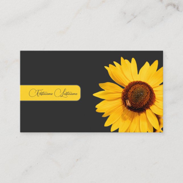 Floral yellow sunflower bee calligraphy dark grey business card (Front)
