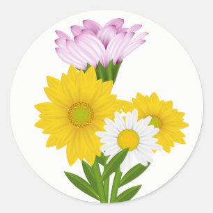 Floral Yellow Sunflowers & White Daisies Flowers Classic Round Sticker