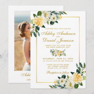 Floral Yellow White Gold Photo Wedding Invitation