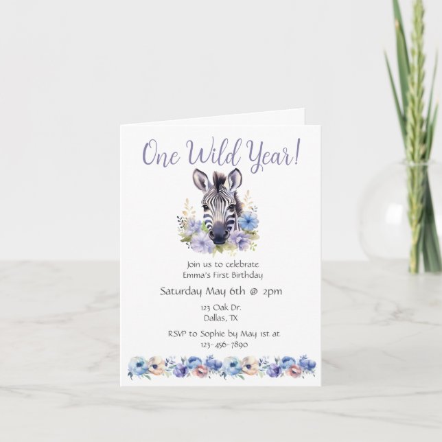Floral Zebra Birthday  Invitation (Front)