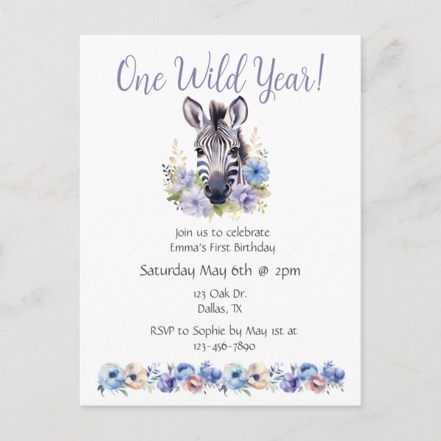 Floral Zebra Birthday  Invitation Postcard (Front)