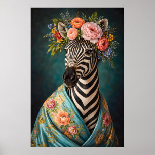 Floral Zebra Portrait Poster, Maximalist Botanical Poster