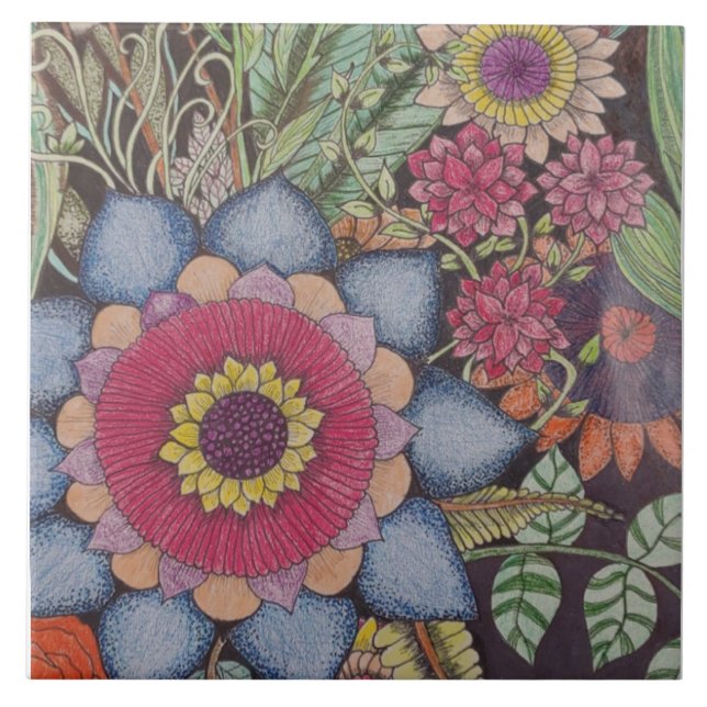 Floral Zen-Tangle Ceramic Tile (Front)