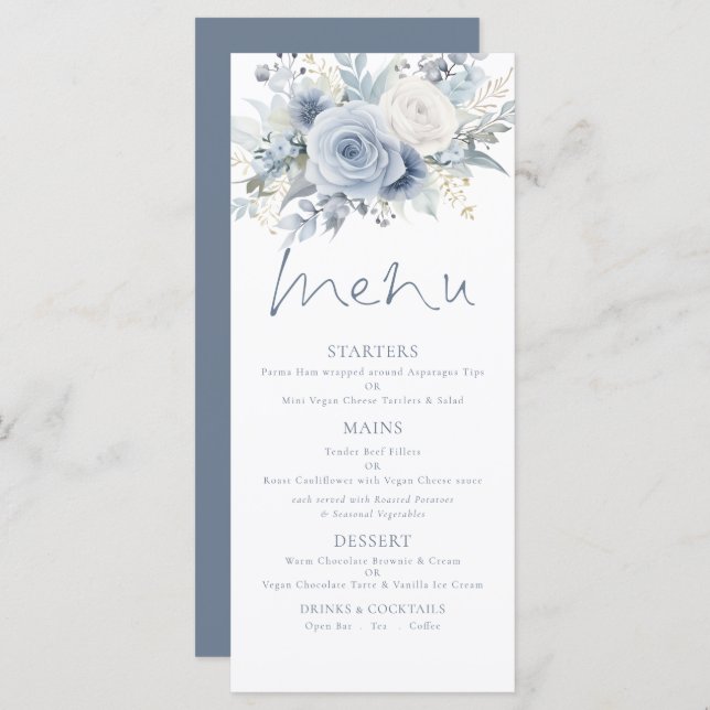 Florales modernes Dusty Blue Text Mariage Menu (Devant / Derrière)