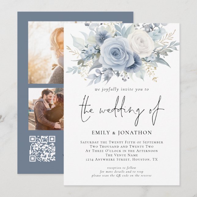 Florals 3 Photos QR Code Dusty Blue Wedding Invitation (Front/Back)