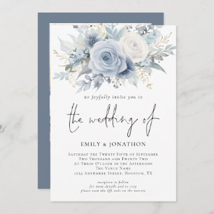 Florals 3 Photos QR Code Dusty Blue Wedding Invitation
