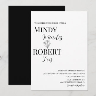 Florals and Script Black White Wedding Invitation