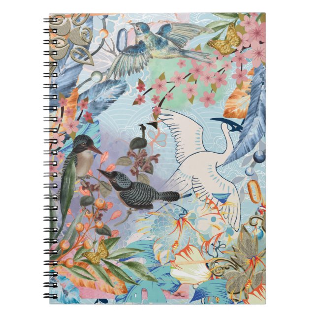 Florals Birds Blue Shades Spiral Photo Notebook (Front)