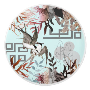 Florals, Birds, Dusty Blue Background Ceramic Knob