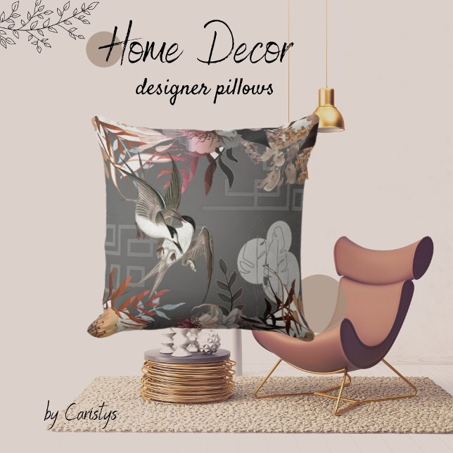 Florals, Birds, Slate Grey Background Accent Throw Pillow (Creator Uploaded)