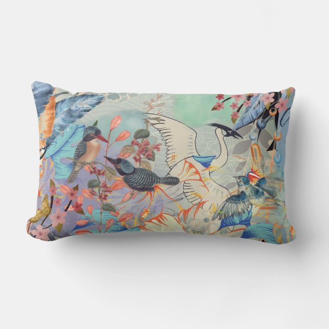 Florals, Birds with Slate Blue on Back  Lumbar Pillow (Front)