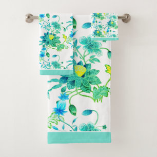 Florals Bright Blues Yellow on White Bath Towel Set