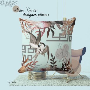 Florals Browns, Cranberry Tan & Birds  Throw Pillow