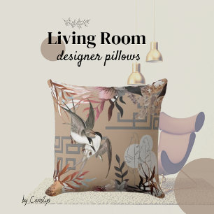 Florals Browns, Cranberry Tan & Birds  Throw Pillow