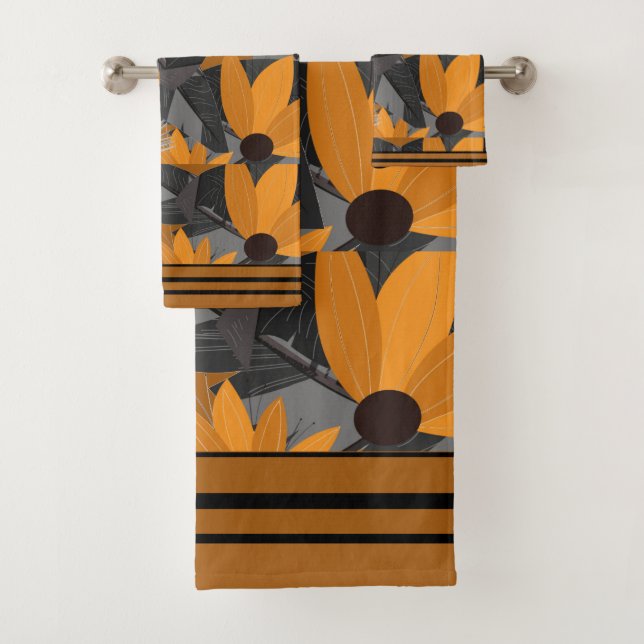 Florals Daisies Orange, Tan Grey  Bath Towel Set (Insitu)