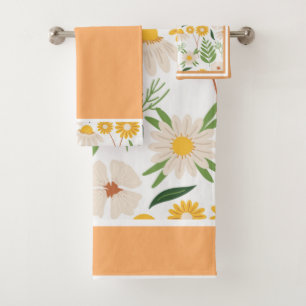 Florals Daisies Trimed in Coral and Greenery  Bath Towel Set