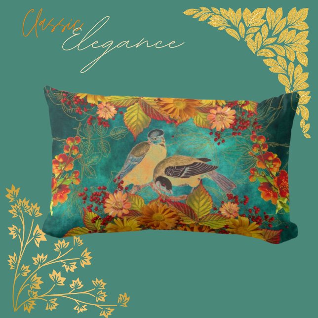 Florals Fall Shades with Birds backed in Rich Teal Lumbar Pillow (Creator Uploaded)