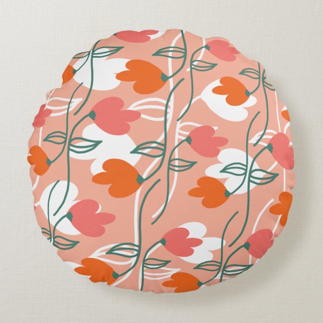 Florals Hand Drawn Botanical Pattern Orange Round Pillow (Front)