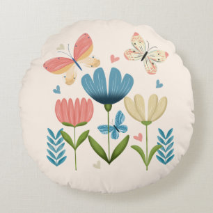 Florals in Blue and Orange hues Round Pillow