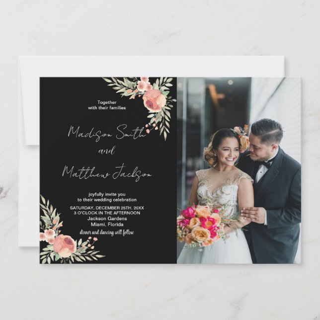 Florals on Black Theme Wedding Invitations w Photo (Front)