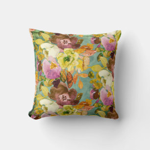 Florals on Teal Throw Pillow
