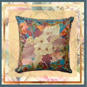 Florals Orange Teal, Cream with Frame Throw Pillow