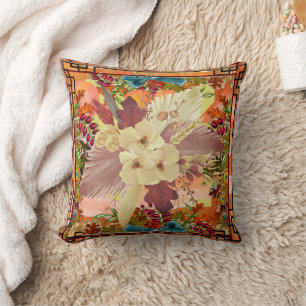 Florals Orange Teal, Yellow with Frame Throw Pillow