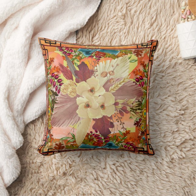 Florals Orange Teal, Yellow with Frame Throw Pillow (Blanket)