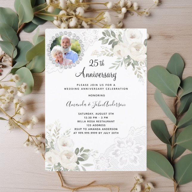 Florals photo 25th wedding anniversary invitation (Creator Uploaded)