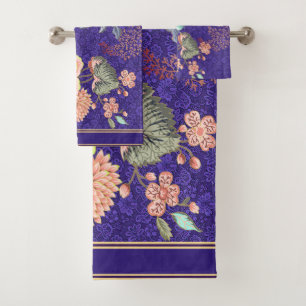 Florals Pink Blue Purple Gold Stripe Floral Bath Towel Set